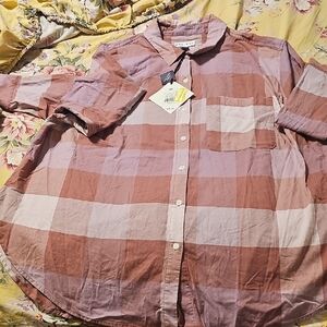 Ava & Viv Women's Plaid Button Down Shirt in Pink and Brown